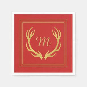 Serviette En Papier Papier de Noël Monogram Gold Antlers   Red
