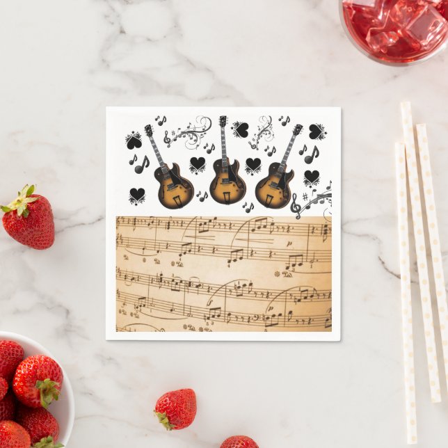 Serviette En Papier Papier, Guitare Notes musicales Coeurs noirs (En situation)