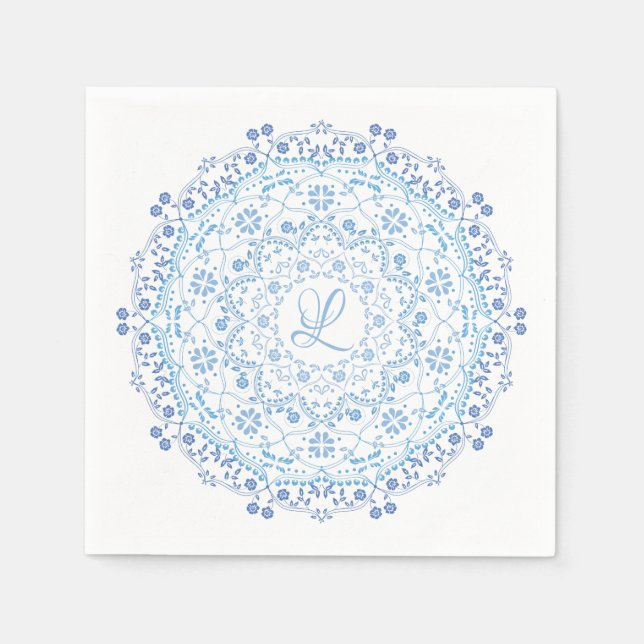 Serviette En Papier Papier initial bleu Mandala modifiable Napkin (Devant)