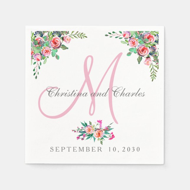 Serviette En Papier Papier Mariage Chic Floral Rose Monogramme (Devant)