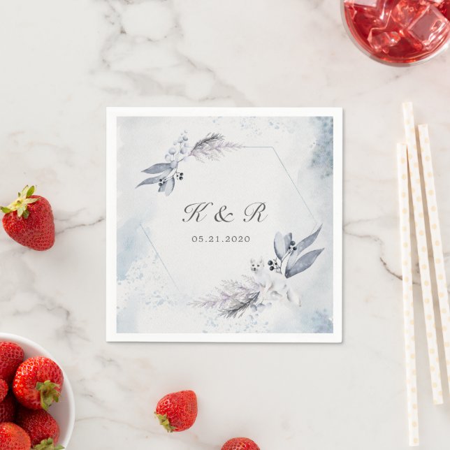 Serviette En Papier Papier Mariage Moody Winter Blue Floral (En situation)