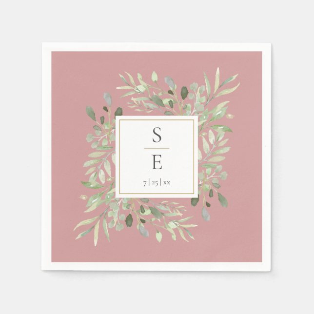 Serviette En Papier Papier Monogramme Rose Poussiéreux Feuillage (Devant)