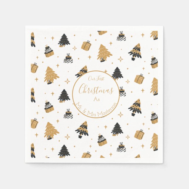 Serviette En Papier Papier Motif Gold Black First Christmas Tree (Devant)