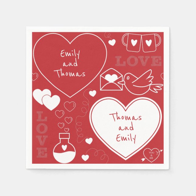 Serviette En Papier Papier Motif Valentine Napkin - Blanc sur rouge (Devant)