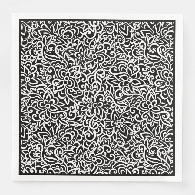 Serviette En Papier Papier Naples-Noir Damas Floral (Devant)
