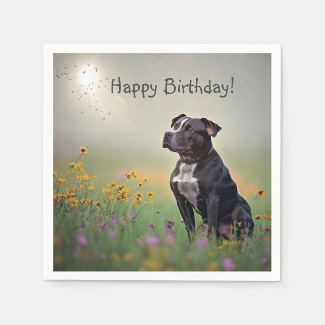 Serviette En Papier Papier noir Pitbull d'anniversaire (Devant)