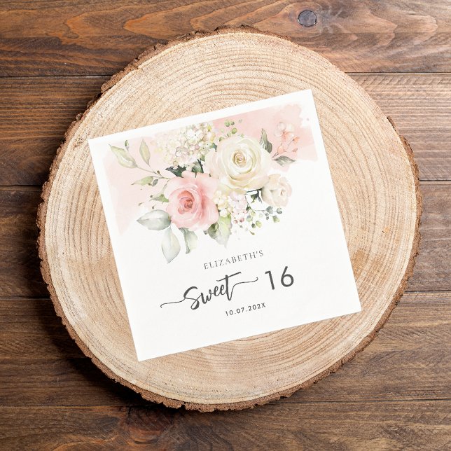Serviette En Papier Papier rose floral 16e anniversaire (Pink Floral Sweet Sixteen Birthday Paper Napkin)