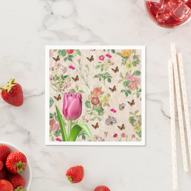 Serviette En Papier Papier, Tulipe rose Coeurs floraux Papillon (En situation)