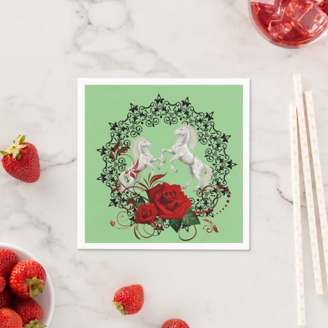 Serviette En Papier Papier, Vert Floral Rouge Rose Blanc Cheval (En situation)