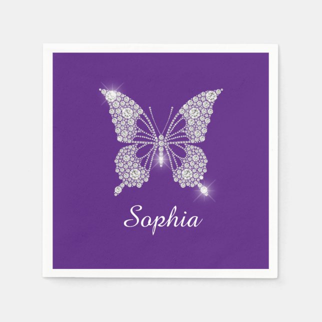 Serviette En Papier Papillon Diamant Blanc, Nom du script, Royal Purpl (Devant)