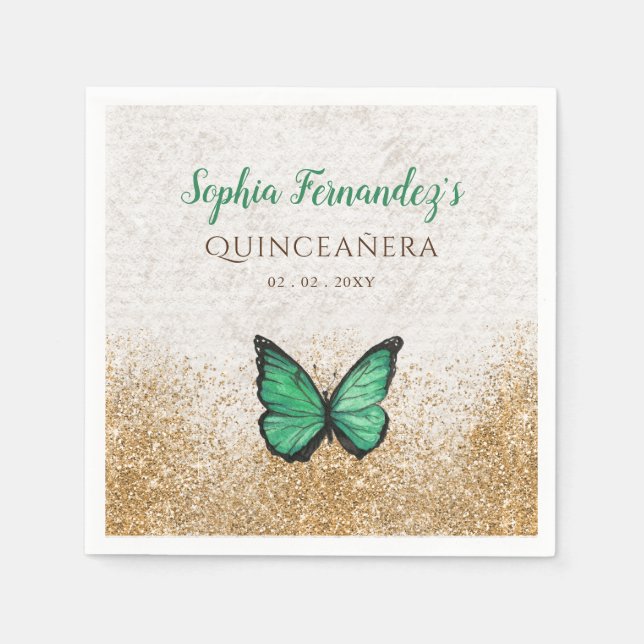 Serviette En Papier Papillon doré vert émeraude rustique vintage (Devant)