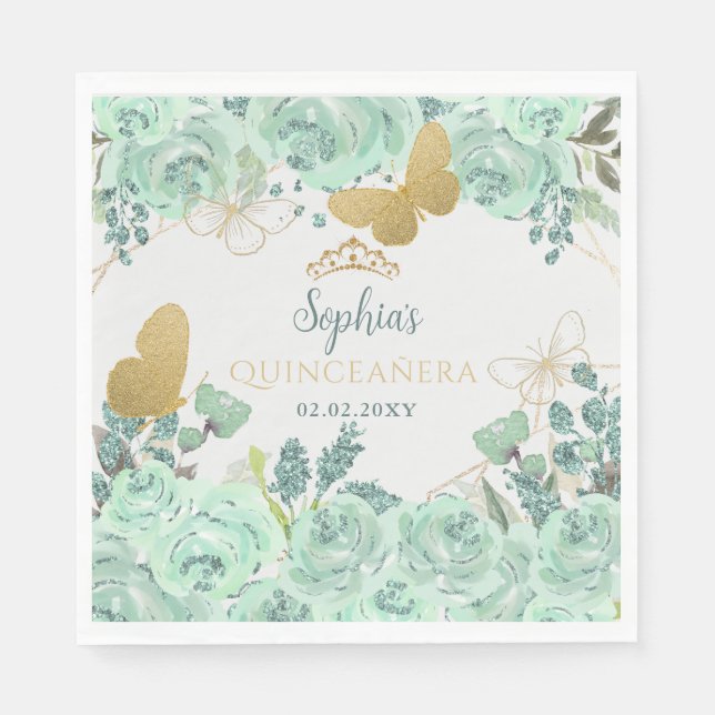Serviette En Papier Papillon floral à la menthe Quinceañera (Devant)