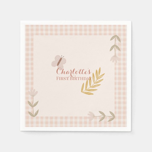 Serviette En Papier Papillon rose En vichy Fleur sauvage (Devant)