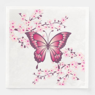 Serviette En Papier Papillon Rose Et Fleur De Cerise