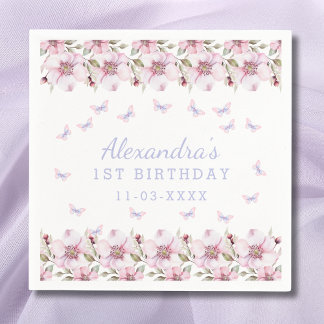 Serviette En Papier Papillon rose violet floral fille 1er anniversaire