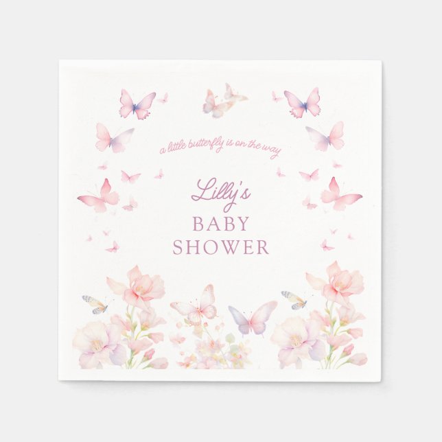 Serviette En Papier Papillon sur le chemin Baby shower de fleurs roses (Devant)