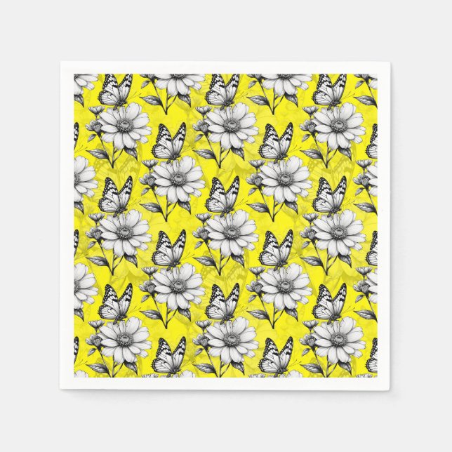 Serviette En Papier Papillon sur Motif Fleur Design Jaune (Devant)