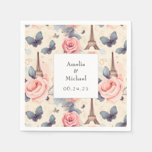 Serviette En Papier Papillon Tour Eiffel et Mariage Motif Rose