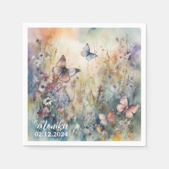 Serviette En Papier Papillons de printemps de l'aquarelle florale (Devant)