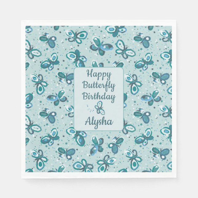 Serviette En Papier Papillons Doodle Bugs - turquoise - anniversaire. (Devant)