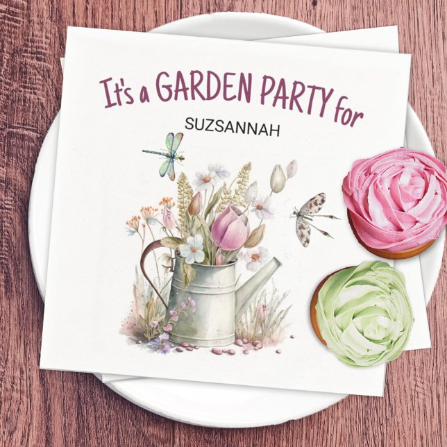 Serviette En Papier Papillons du jardin floral libellules Aquarelle (Personalize or remove the text on this fun summer vibe watering can and dragonfly napkin design.)