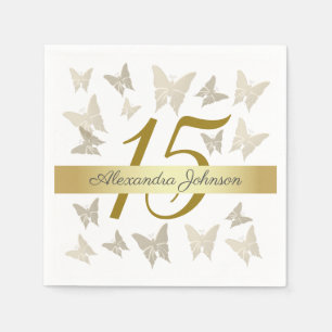 Serviette En Papier Papillons élégants dorés pour les 15 ans de Quince