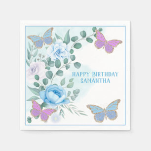 Serviette En Papier Papillons Floral Bleu pourpre Or Anniversaire