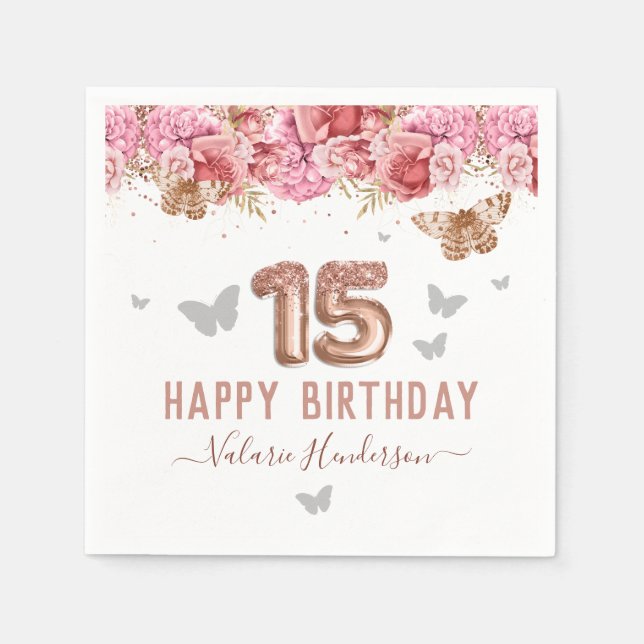 Serviette En Papier Papillons floraux rose heureux 15e anniversaire (Devant)