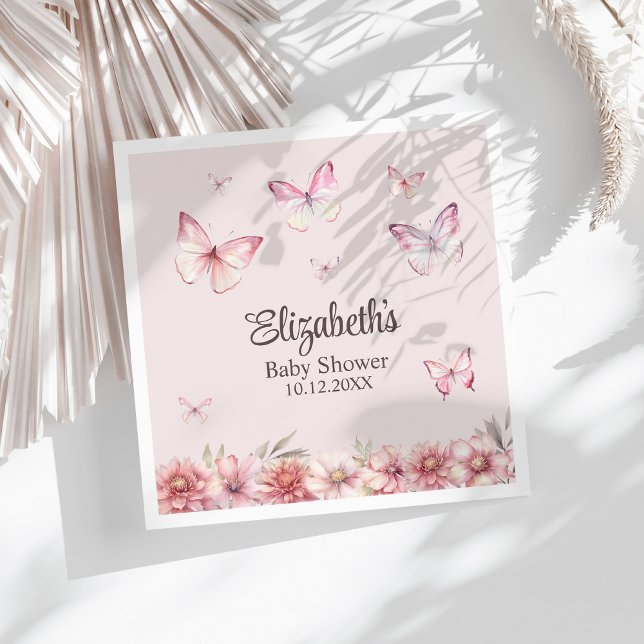 Serviette En Papier Papillons roses et Baby shower de fleurs (Pink Butterflies and Flowers Baby Shower Napkins on a white sunny table.)