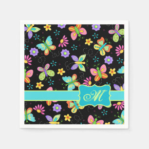 Serviette En Papier Papillons Whimsy modernes sur Monogramme noir