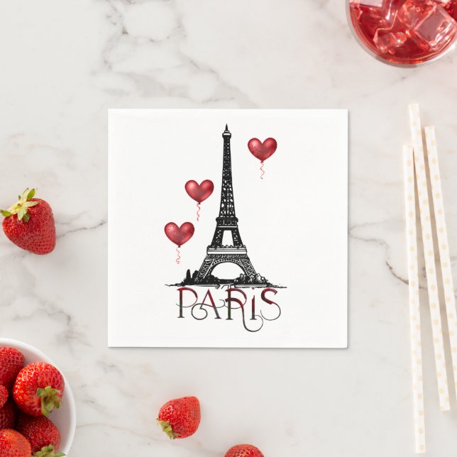 Serviette En Papier Paris, Tour Eiffel et Ballons du Coeur Rouge (En situation)