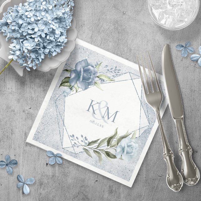 Serviette En Papier Parkles Floral Mariage Initiales Dusty Blue ID889 (Créateur téléchargé)