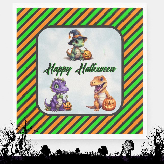 Serviette En Papier Parti Dino-Mash d'Halloween (Halloween Dino Napkins in Green and Orange Stripe)
