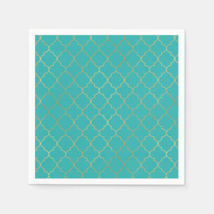 Serviette En Papier Parti Motif Quatrefoil turquoise & Gold