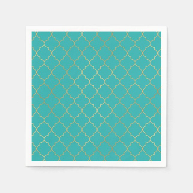 Serviette En Papier Parti Motif Quatrefoil turquoise & Gold (Devant)