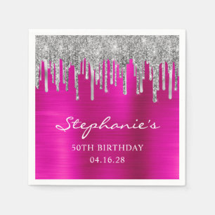 Serviette En Papier Parties scintillant argent gouttes rose chaud 50e 