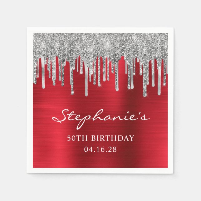 Serviette En Papier Parties scintillant argent gouttes rouge huile 50e (Devant)
