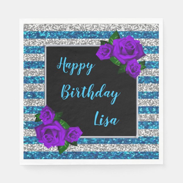 Serviette En Papier Parties scintillant bleu argent rayures violet Ros (Devant)
