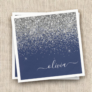 Serviette En Papier Parties scintillant bleue Silver Navy Girl Monogra