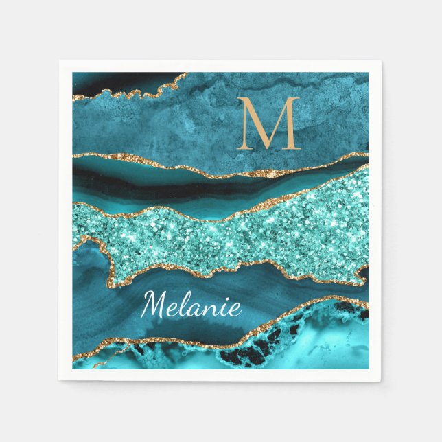 Serviette En Papier Parties scintillant bleue turquoise serviettes Nom (Devant)
