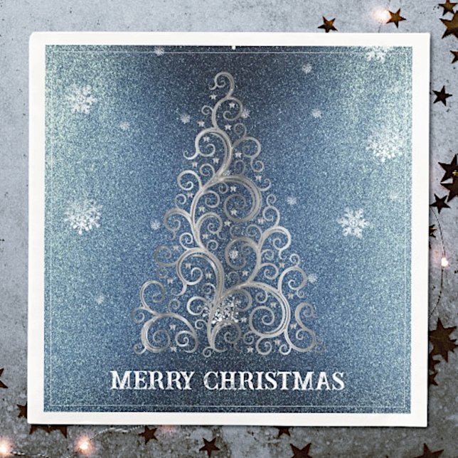 Serviette En Papier Parties scintillant d'arbre de Noël et flocons de  (Blue Christmas Tree Glitter and Snowflakes Napkins)