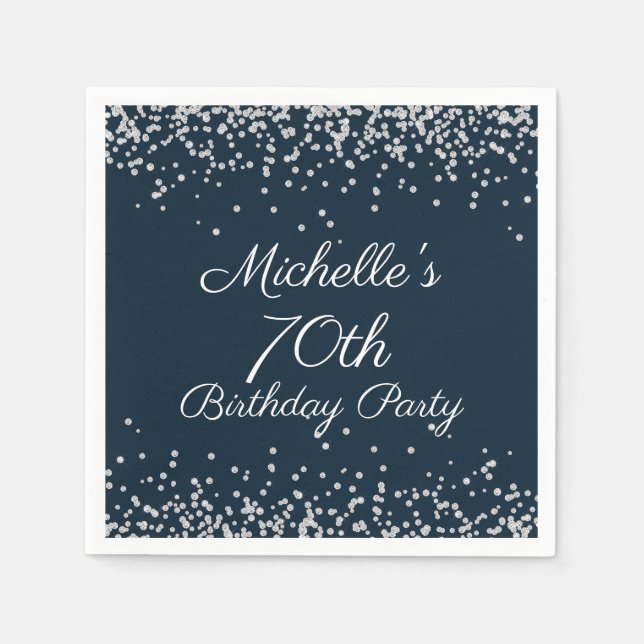 Serviette En Papier Parties scintillant d'argent bleu marine 70e fête  (Devant)