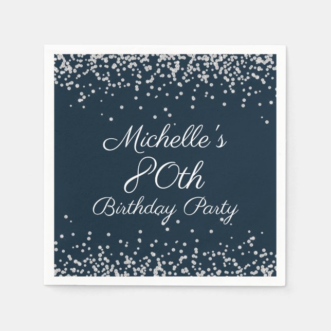Serviette En Papier Parties scintillant d'argent bleu marine 80e fête  (Devant)