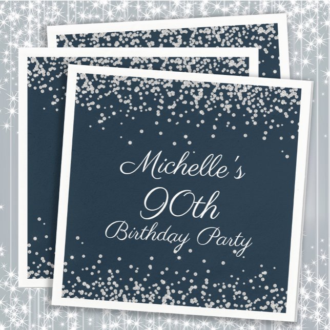 Serviette En Papier Parties scintillant d'argent bleu marine 90e fête  (Navy blue and silver glitter 90th birthday party paper napkins)