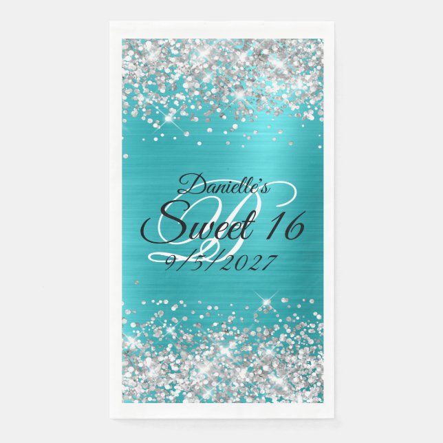 Serviette En Papier Parties scintillant d'argent brillant Turquoise bl (Devant)