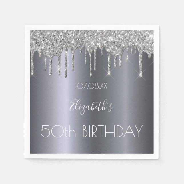 Serviette En Papier Parties scintillant d'argent d'anniversaire goutte (Devant)