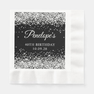 Serviette En Papier Parties scintillant d'argent et Noir 40e anniversa