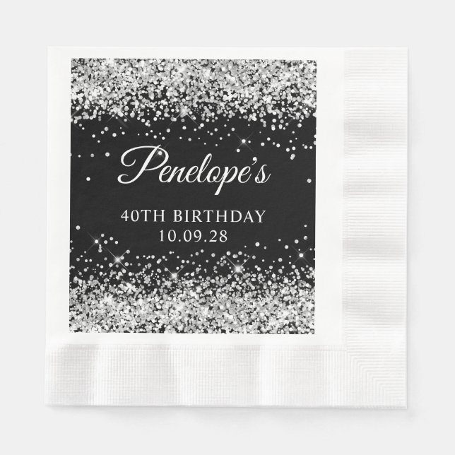 Serviette En Papier Parties scintillant d'argent et Noir 40e anniversa (Devant)