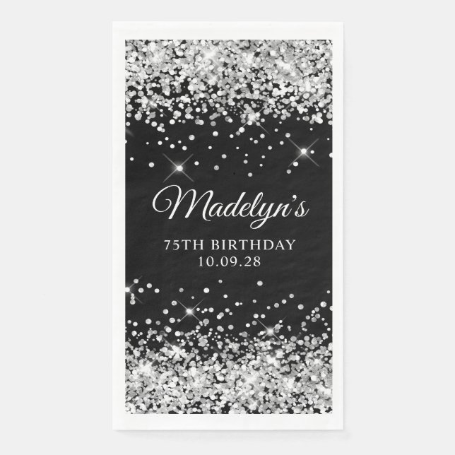 Serviette En Papier Parties scintillant d'argent et noir 75e anniversa (Devant)