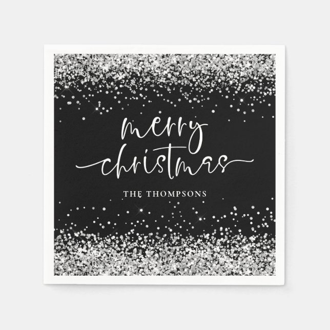 Serviette En Papier Parties scintillant d'argent Joyeux Noël fête Noir (Devant)